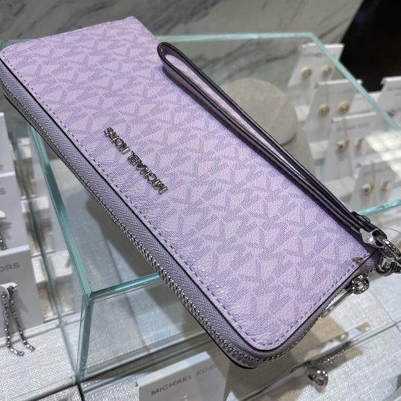 MICHAEL KORS Jet Set Large Signature Logo Continental Wallet Wristlet Lt Quartz - Picture 2 of 16